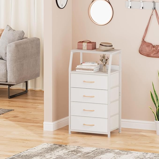 Furnulem Tall 4 Drawers Dresser, Vertical Storage Tower for Bedroom, Hallway, Entryway, Nursery, Closet Organizer, Nightstand Bedside Table Furniture, Sturdy Steel Frame, Wood Top, White