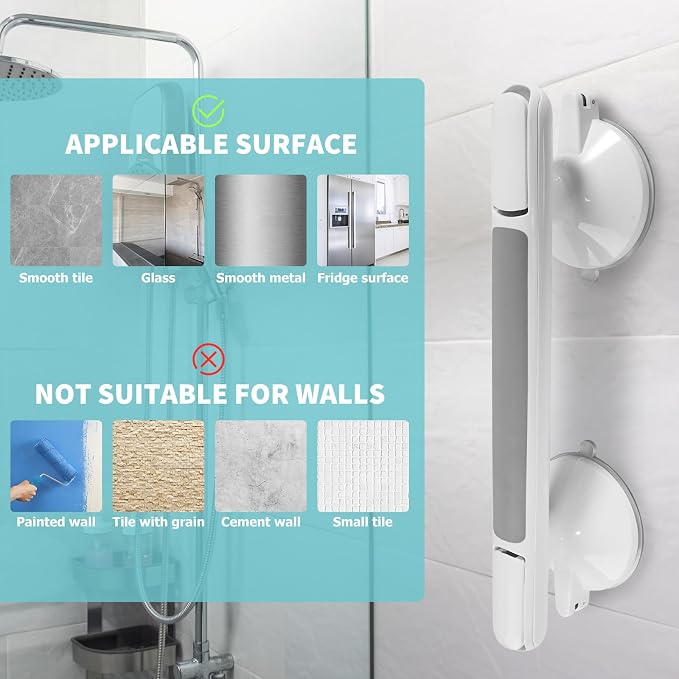 2 Pack Shower Handle, Heavy Duty Suction Cup Grab Bars Handle for Bathtubs and Showers, Bathroom Safety Bars Removable No Drilling Required for Seniors, Elderly, Handicap, 12 inch White