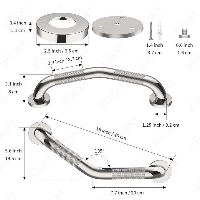 16 Inch Angled Grab Bar 2 Pack, ZUEXT Anti Slip Shower Grab Bar Handles,Chrome Stainless Steel Knurled Bathroom Balance Bar, Safety Hand Rail Support,Handicap Elderly Injury Senior Assist Bath Handle