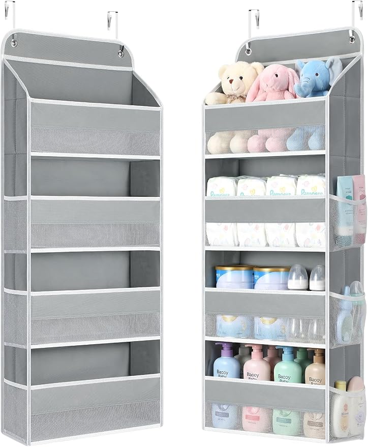 Yecaye Over the Door Organizer, Stuffed Animal Storage, Bathroom Organizers and Storage for Nursery Newborn Baby Essentials Stuff Dorm Room, Widen by 7cm, Deepen by 3cm, Grey 4 Tier Extra-Large