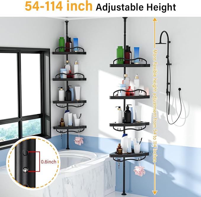 Black Corner Shower Caddy Tension Pole - Heavy Duty Rustproof Stainless Steel Shower Organizer with 4 Adjustable Shelves, No-Drill Free Standing for Bathroom, Bathtub, RV,54" to 114" Tall