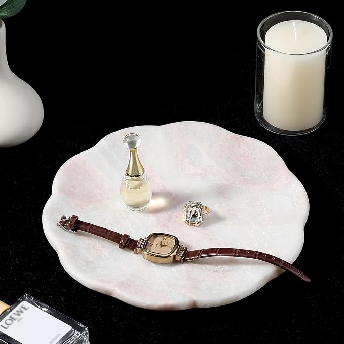 Koville Marble Tray, 8" Round Marble Vanity Tray for Jewelry Trinket Perfume, Natural Stone Tray for Bathroom Kitchen Dresser Countertop, Scalloped Decorative Tray for Home Table Decor(Namibia Rose)