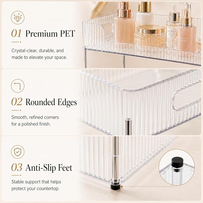 Goderewild 3 Tier Bathroom Counter Organizer, Multi-Purpose Cosmetics Skincare Shelf, Fits A4 Size Makeup Organizer for Office and Vanity Tray, Countertop Storage Solution for Kitchen,Bath.(Clear)