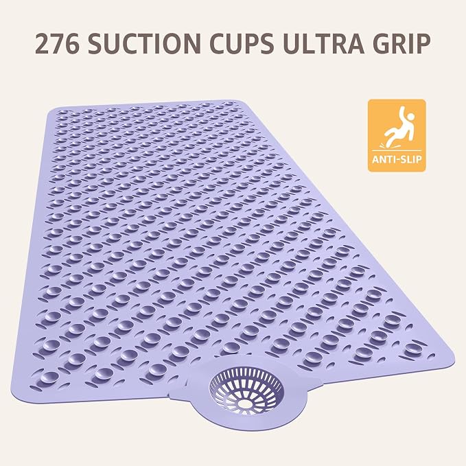 OTHWAY Bath Mat for Tub Non Slip: 39" X 17" Long Bathtub Mat with Hair Catcher│Big Drain Holes Shower Mats for Inside Shower│Machine Washable (Lavender)