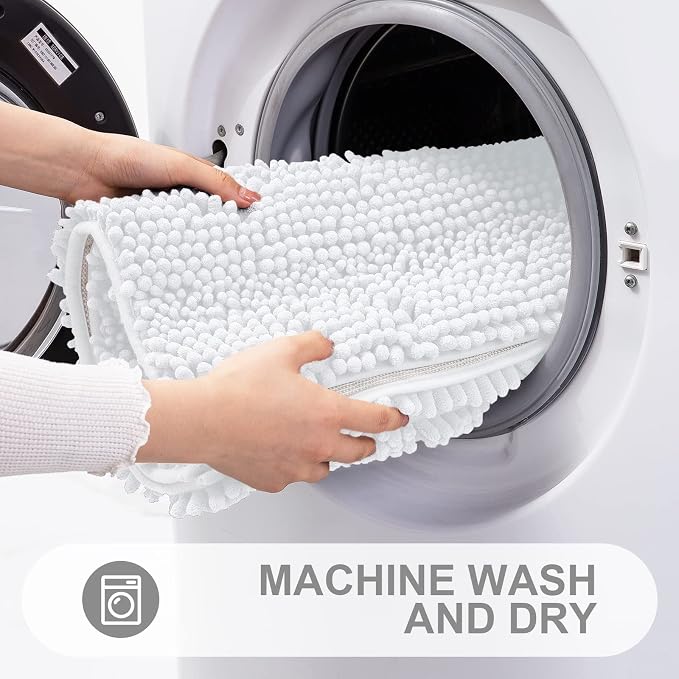 Grandaily Chenille Striped Bathroom Rugs 47x20, Extra Thick and Absorbent Bath Mats, Non-Slip Soft Plush Shaggy Shower Carpet, Machine Wash Dry, Bath Rug for Bathroom, White