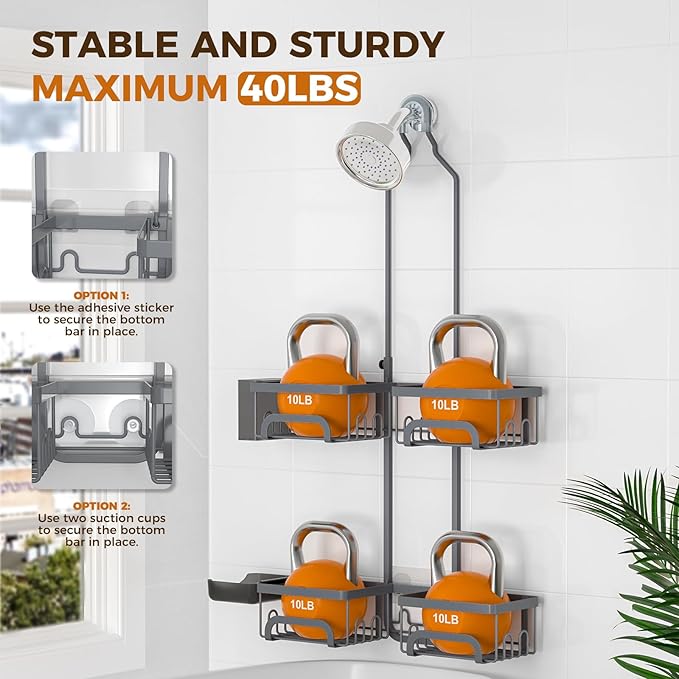 REINHARDT Adjustable Shower Caddy Hanging Split Shower Caddy for Handheld Showerheads, Rustproof Shower Organizer with Hooks for Razors Over the Head Caddy with Soap Holder Bathroom Accessories, Grey