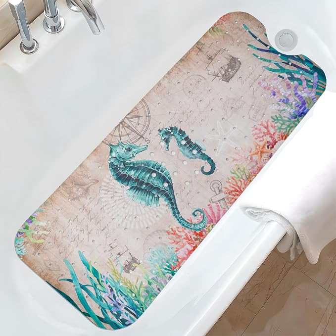 Ocean Bathtub Mat Non Slip, Cute Baby Bath Mat for Tub Rubber Tub Mat, Seahorse Coral Toddler Kids Bath Mats for Bathroom Anti Slip Shower Mat with Suction and Drain Holes Machine Washable, 40″x16″