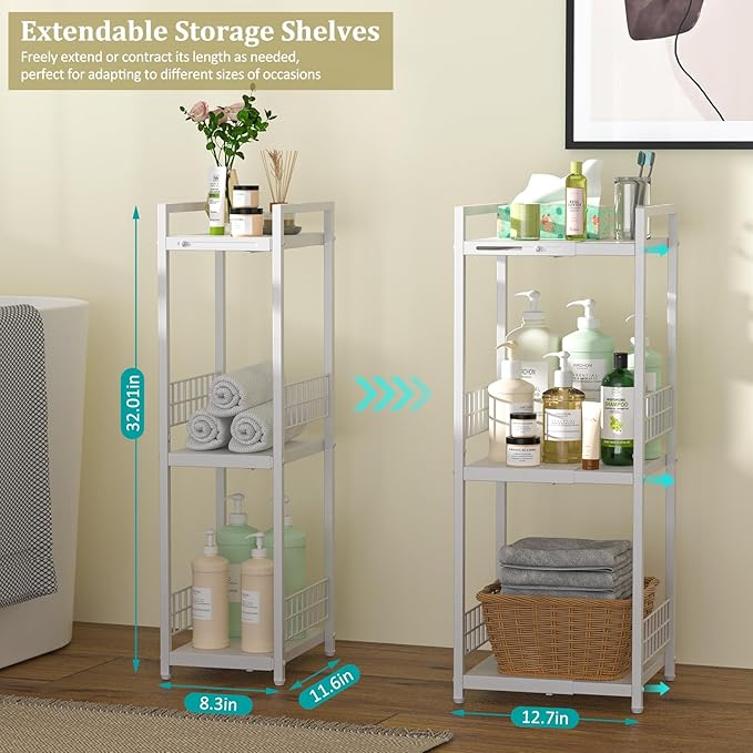 DAOUTIME Expandable Slim Storage Shelf, 3 Tier Metal Shelving Unit for Bathroom Storage Organizer, Free-Standing Narrow Shelf, Open Floor Shelves for Small Spaces,Laundry,Bathroom,Kitchen, White