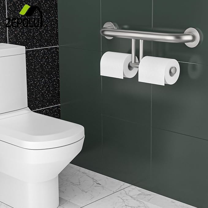 Brushed Nickel Handicap Grab Bar w/Toilet Paper Roll Holder, Zepolu 2-in-1 Safety Assist Bar Balanced Support Handle 17 Inch, Stainless Steel Wall Mounted Bathroom Toilet Grab Bar for Senior Elderly