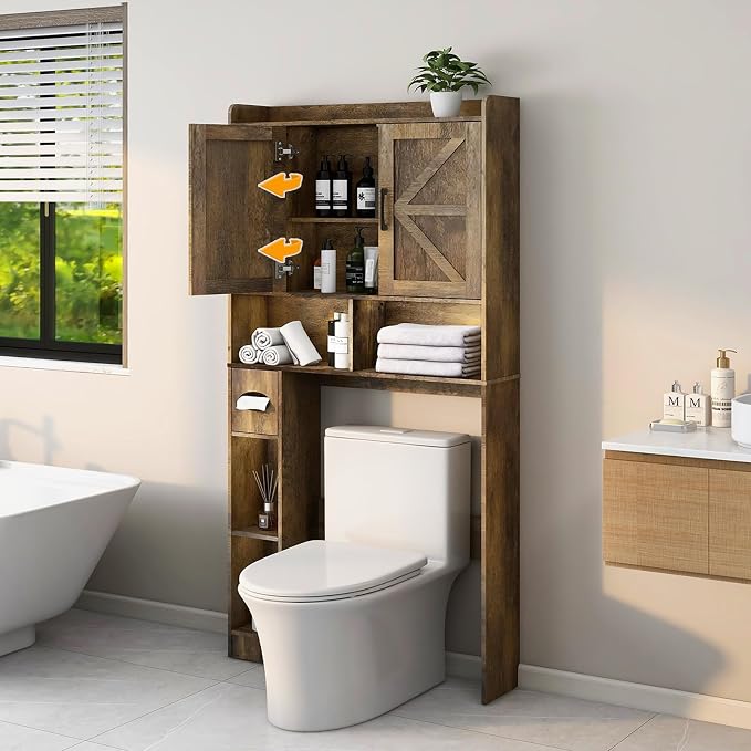 Vabches Over The Toilet Storage Cabinet, Farmhouse Storage Cabinet Over Toilet with 2 Barn Doors & Toilet Paper Holder Stand，Home Space-Saving Toilet Rack, for Bathroom, Restroom, Laundry.