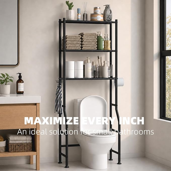 GloTika 3-Tier Over Toilet Storage with Anti-Tilt Safety System - 150lb Total Capacity Metal Bathroom Shelves Including Paper Holder & 4 Hooks, Space Saving Above Commode Organizer (64" H, Black)