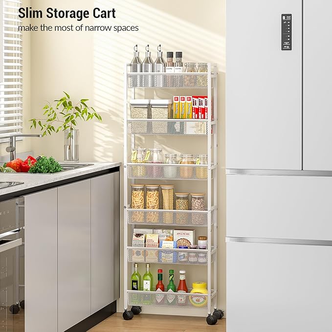 ThreeHio 6 Tier Slim Storage Cart, Narrow Cart with Wheels, Metal Mobile Shelving Unit Organizer for Bathroom, Kitchen, Laundry Room, Living Room & Narrow Spaces, White, 6in(W)