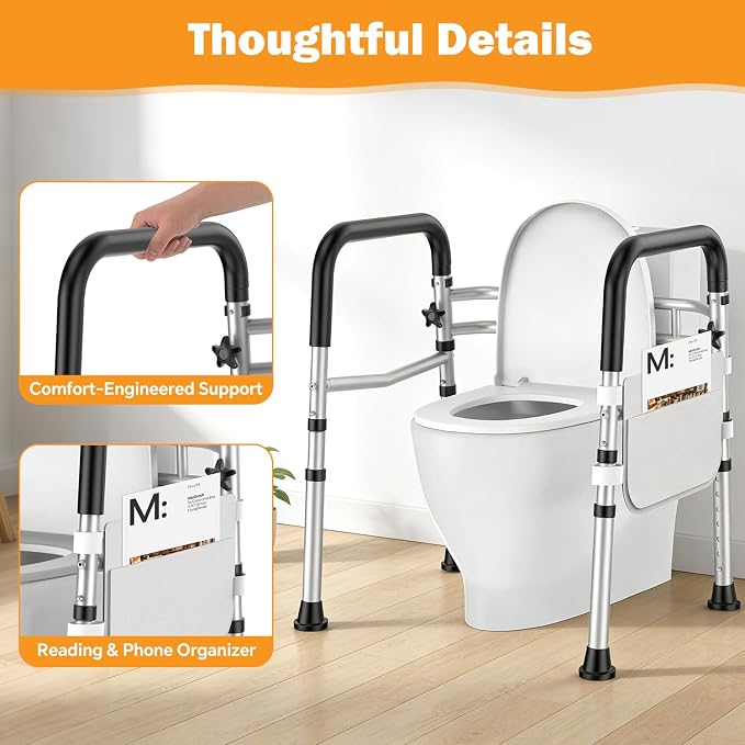Toilet Safety Rails for Seniors, Adjustable Height & Width Toilet Safety Frame with Handles (350LB Capacity), Elderly Assistance Products for Handicapped, Foldable Toilet Bars Fits Any Toilet