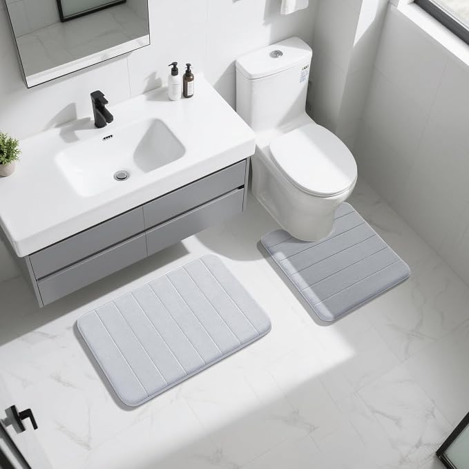 Yimobra Memory Foam Bath Mat Set 2 Piece - Super Soft Absorbent Quick Dry Bathroom Toilet Rugs, Machine Washable Non Slip Floor Carpet for Tub Shower & Single Sink (31.5x20 & 24x20, Silver)