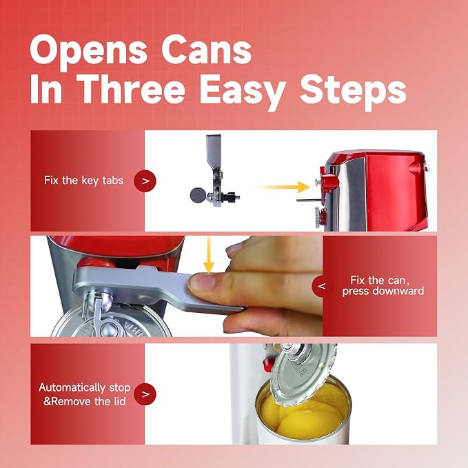 Davivy Electric Can Opener, One Touch Lid Opener, Removable Stainless Steel Cutter and 3-in-1 Design, with Sharpener and Bottle Opener (Stainless Steel-Red)