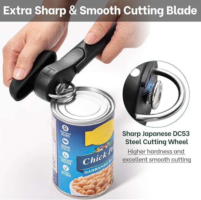 Beneno Can Opener, Safety Side Cut Manual Can Opener with Sharp Cutting Blade Smooth Edge, Effortless Easy to Turn Knob, Comfort Grip Handle, Smooth Cutting Can Lid with no Sharp Edges, Black
