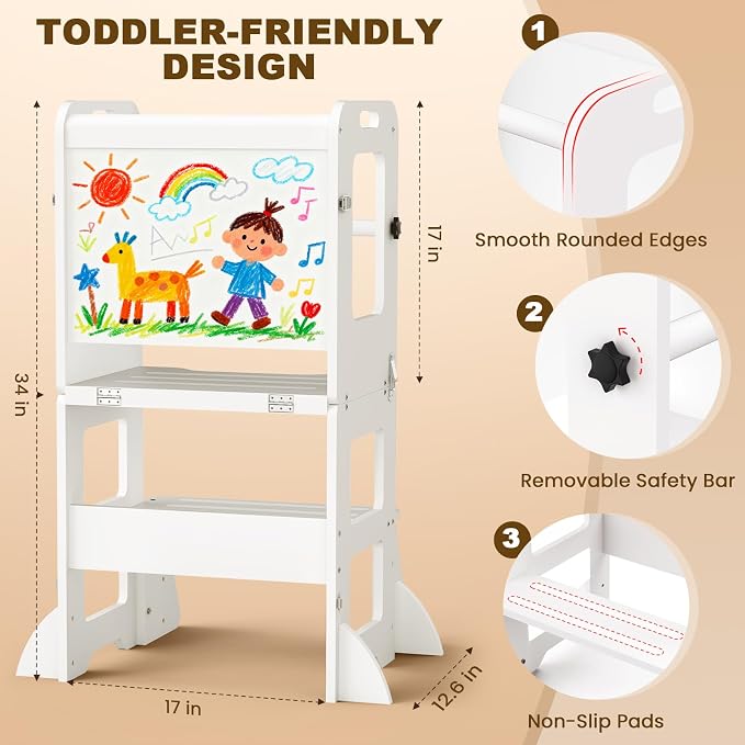 Woodure 4-in-1 Toddler Kitchen Step Stool, Learning Standing Tower with Whiteboard, Wooden Kitchen Stool Helper for Kids, 1-3 Year Old Boy Girl Gifts-White