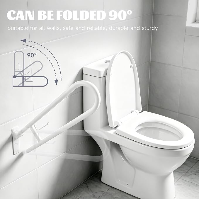 22.5 Inch Toilet Grab Bar, HUAS White Anti Slip Bathroom Toilet Safety Rails, U Shaped Flip-Up Handicap Grab Bars w/Paper Holder, Stainless Steel Support Handrail for Elderly Disabled Senior