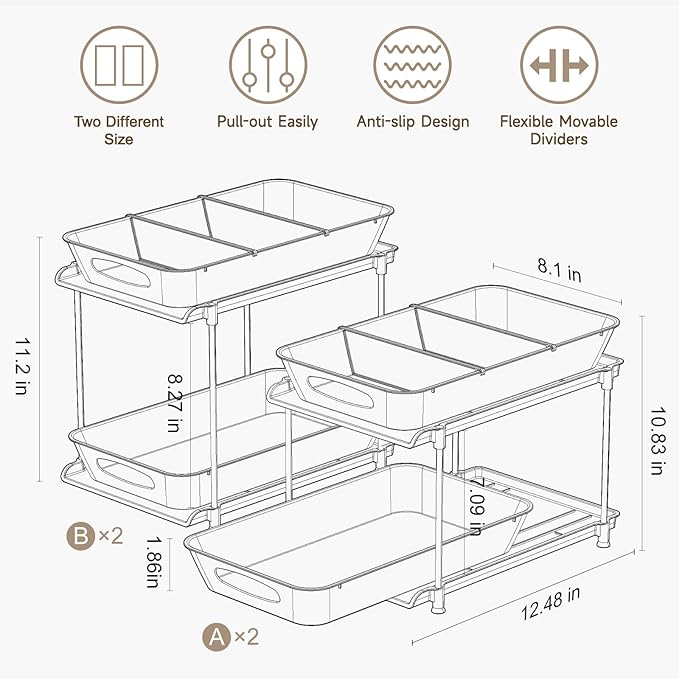 Sevenblue Under Sink Organizer, Bathroom Organizers and Storage, 2 Tier Multi-Use Pull Out Cabinet Organizer with Hang Hooks and Cups (transparent, 4 Pack)