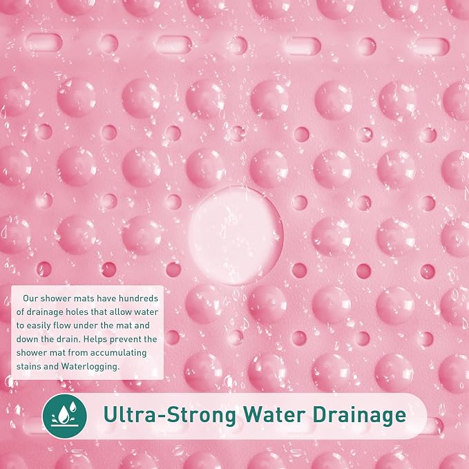 Large Square Shower Mat 27 x 27 Inch Pink, Non Slip Shower Bathtub Mats for Inside Shower with Big Suction Cups Drain Holes, Anti Slip Bathroom Floor Shower Stall Mats, Easy Clean, BPA-Free