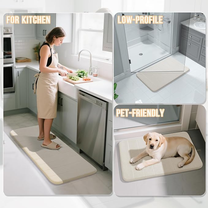 Yimobra Memory Foam Bathroom Rugs Sets 2 Piece - Super Soft Absorbent Quick Dry Bath Mat Set, Machine Washable Non Slip Floor Carpet for Tub Shower & Single Sink (17x24 & 31.5x20 Inch, Cream White)
