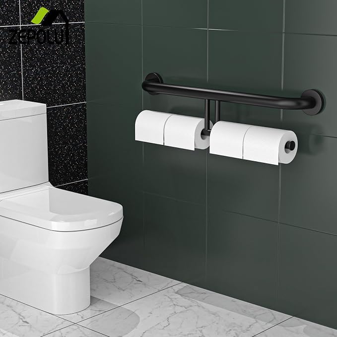24 inch Black Grab Bar w/Double Roll Toilet Paper Holder, Zepolu 2-in-1 Safety Assist Bar Balanced Support Handle, Stainless Steel Wall Mounted Bathroom Toilet Grab Bar for Senior Elderly Handicap