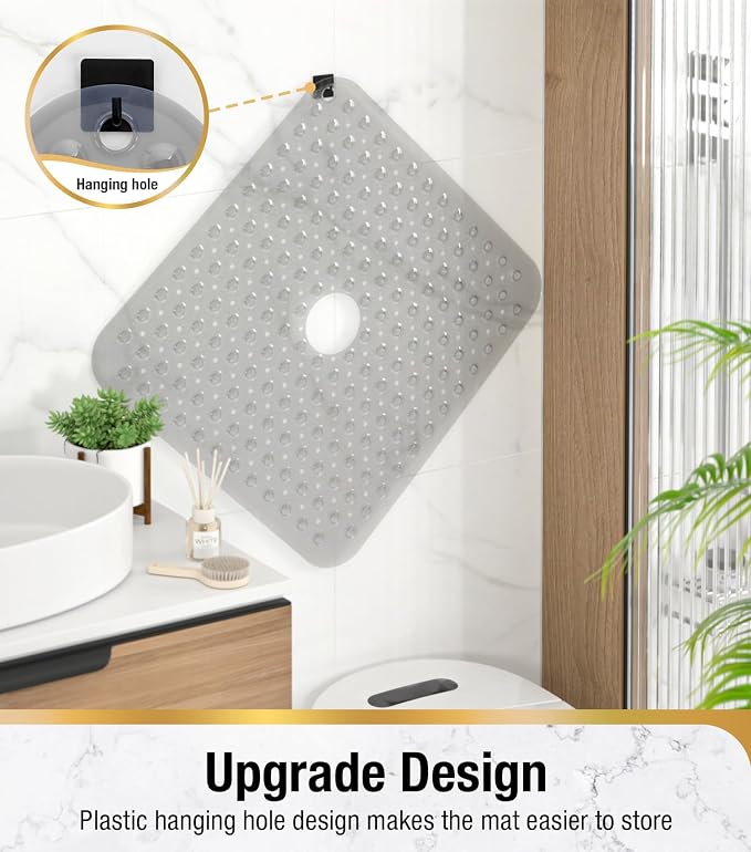 HITSLAM Shower Bathtub Mat Non Slip, 24"x 24" Bath Mat for Tub, Soft PVC Shower Mats for Inside Shower with Suction Cups and Center Drain Hole, Machine Washable Bathroom Floor Mat, Grey