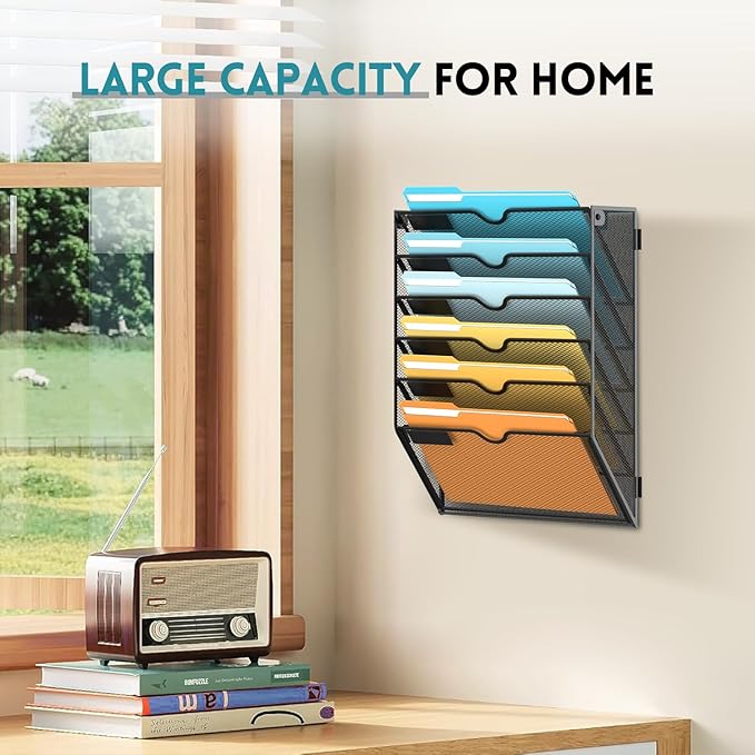 SUPEASY 6 Tier Wall File Organizer, Hanging Wall Mounted Mail Organizer with Label Slots, Metal Mesh File Holder Magazine Rack for Office, Home, School or Classroom, Black, 2Pack