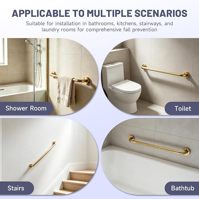 32 Inch Shower Grab Bar, Brushed Gold Anti Slip Safety Bars, 304 Stainless Steel Bathroom Handrail, Handicap Grab Bars for Wall, Shower Grip Handle for Seniors Elderly Injury Assist Bath (1.25" Dia)
