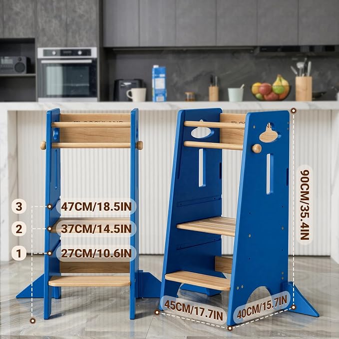 COSYLAND Toddler Standing Tower Adjustable Height(NO Backing Board) - Stable Kids Kitchen Stool Helper with 4 Support Blocks - 3 Levels Adjustable Wooden Toddler Kitchen Stool (Natural & Navy Blue)