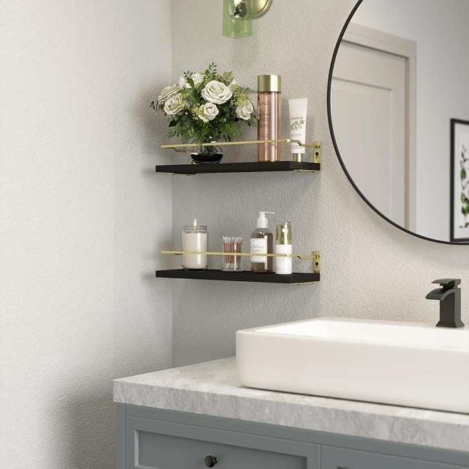 RICHER HOUSE Bathroom Floating Wall Shelf Set of 2 - Guard-Rail Small Wood Shelves for Decor, Over Toilet Storage, Kitchen Organizer - Black Gold