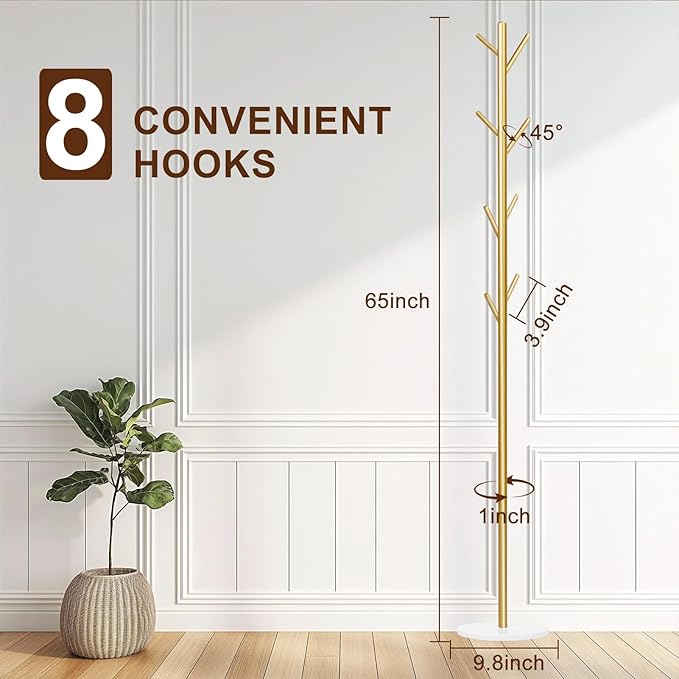 Coat Rack, Metal Freestanding Coat Rack with 8 Hooks, Sturdy Coat Tree with Natural Marble Base for Coats, Hats, Scarves and Handbags for Entryway, Hallway, Bedroom, Office,Dorm (Gold)