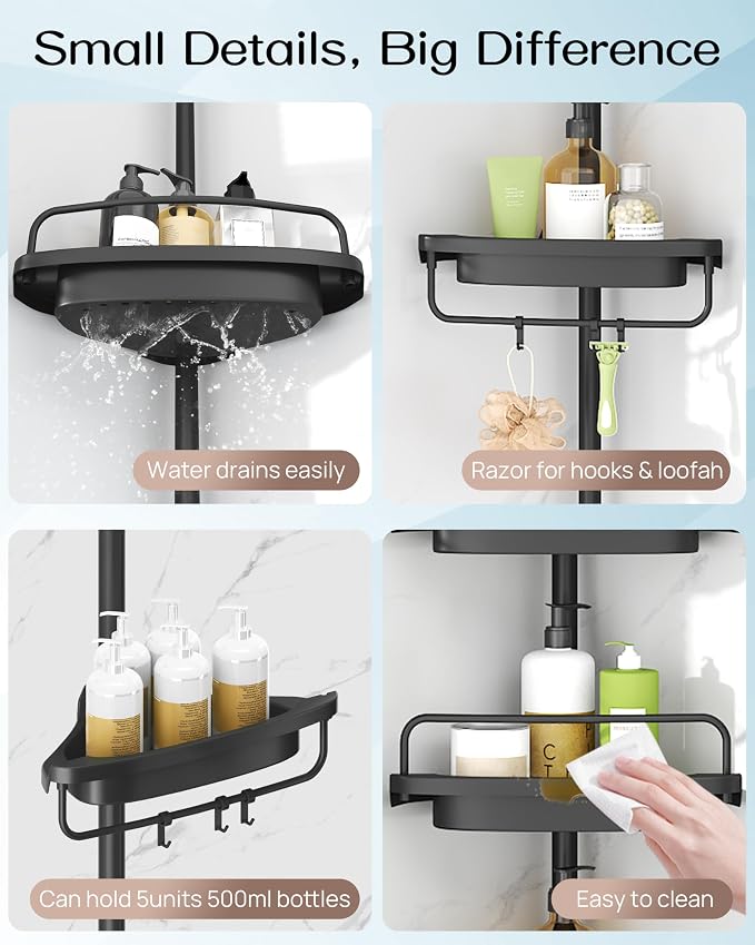 ALLZONE Corner Shower Caddy Tension Pole, Extendable Rustproof Stainless Steel Pole & 4-Tier Adjustable Shelves for Easy Drainage and Built-to-Last Stability, 34 to 116 Inches, Black