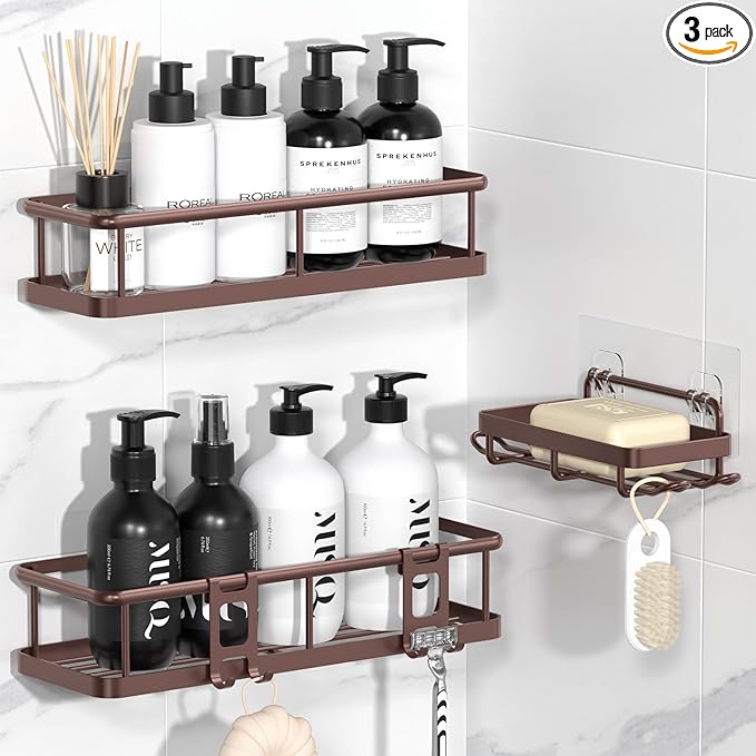 YASONIC Shower Caddy Adhesive, Rustproof Shower Organizer with Soap Holder, Large Capacity Shower Shelves for Inside Shower, No Drilling Bathroom Organizers and Storage for Home Decor（3 Pack Bronze）