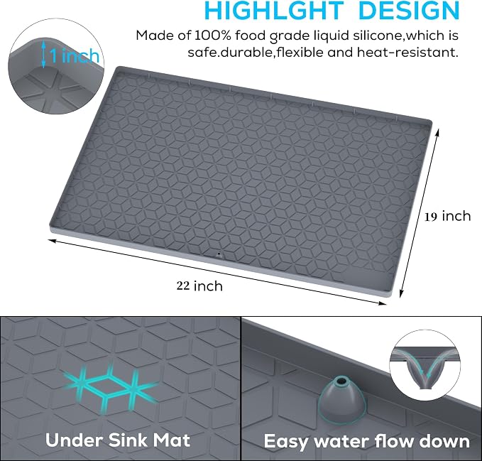 Under Sink Mat, 19"x22" Under Sink Mats for Kitchen, Silicone Waterproof Under Sink Liner, Sink Cabinet Organizer Tray with Drain Hole (Gray, 19X22)