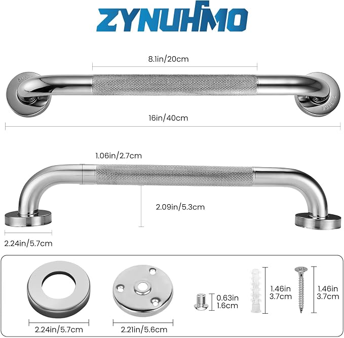Grab Bars for Shower, Zynuhmo 2 Pack 16 Inch SUS304 Stainless Steel Shower Handles Bathroom Safety Shower Grab Bar Handrails for Handicap Injury Pregnant Senior Assist(Polished Nickel, 1" Diameter)