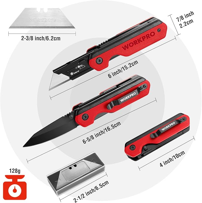 WORKPRO 2-in-1 Folding Knife/Utility Knife, Quick-Change Box Cutter with Belt Clip, Liner Lock, and G10 Handle, Extra 10 SK5 Blades Included, Red