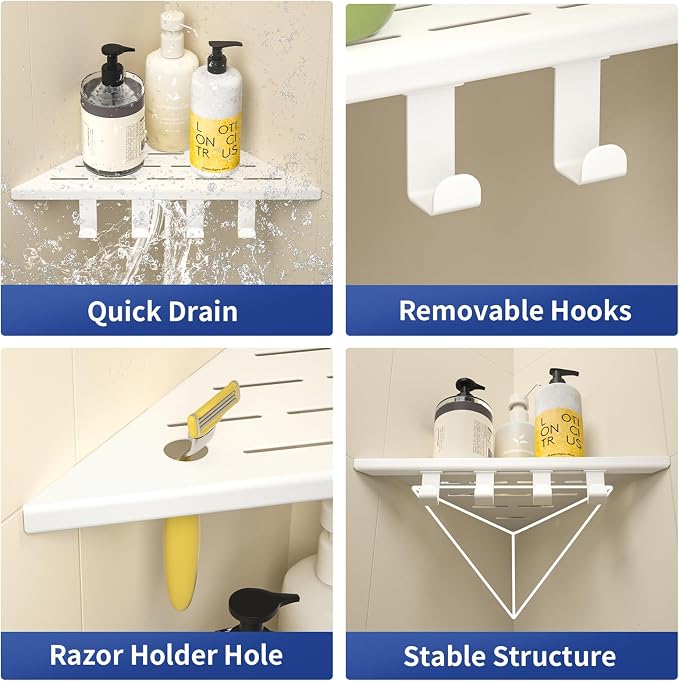 Corner Shower Shelf w/Hooks, Grout in Bathroom Shelves for Tiled Wall, 304 Stainless Steel Recessed Shower Shelf (Matte White, 10''-2pcs)