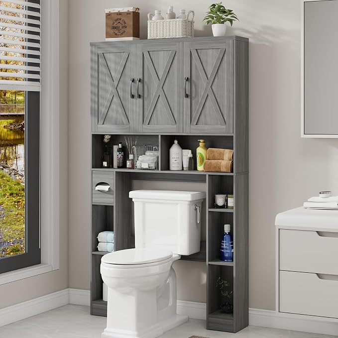 Over The Toilet Storage Cabinet, Farmhouse Toilet Cabinet Rack with 3 Barn Doors, Space Saving Bathroom Organizer with Shelves, Toilet Paper Holder and Towel Rack for Bathroom,Restroom,Laundry