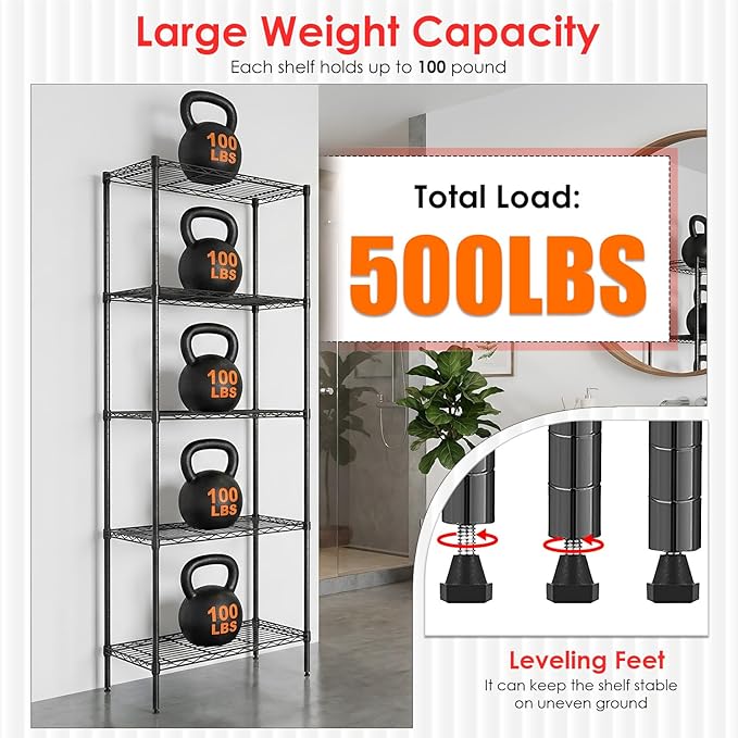 BestOffice | 5-Tier Wire Storage Shelves | 14 x 24 x 60 | Black | with Adjustable Racks | Metal Shelf, Holds Upto 500 lbs | No-Tool Assembly | Ideal for Home & Garage Shelving