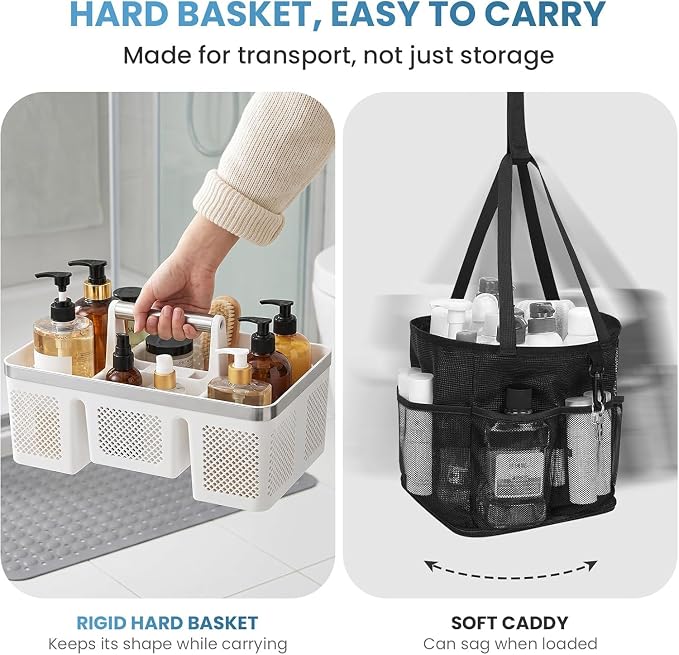 BYUNER Plastic Shower Caddy Dorm: Portable Shower Basket Tote with Handle, 4 Compartments, All-Side Drainage, Hard Bathroom & Cleaning Caddy Organizer for college Dorm Room Essentials, White/Silver