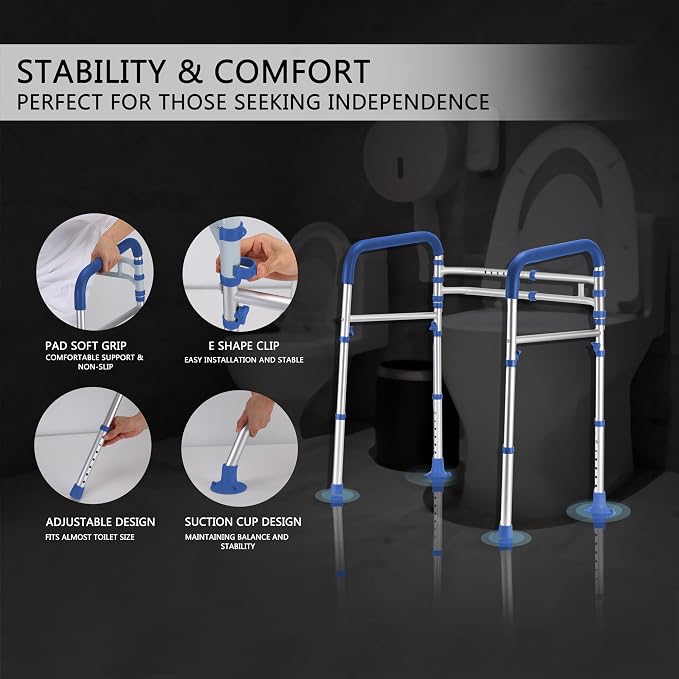 Lianjindun Toilet Safety Rails (350 lb), Adjustable Toilet Frame for Elderly, Seniors, Handicap & Disabled, Foldable Handicap Toilet Handles Fit Any Toilets（Dark Blue）