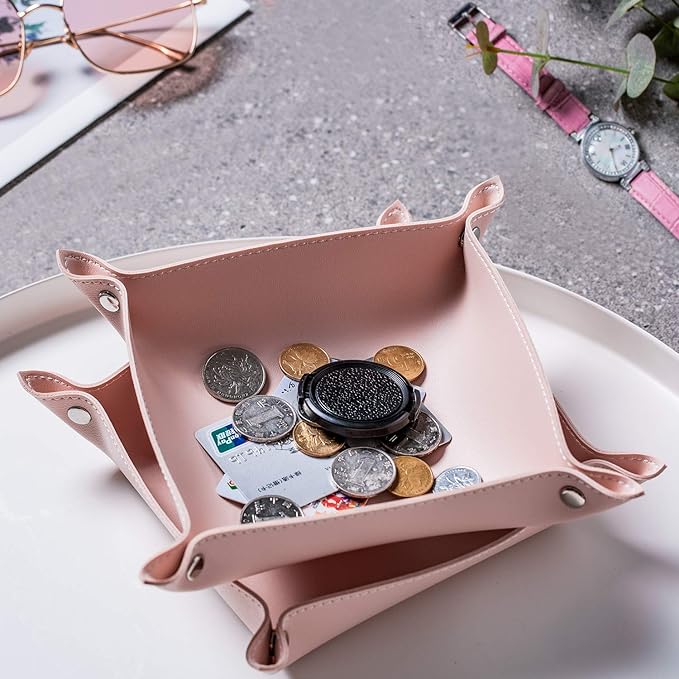 Leather Jewelry Valet Tray for Women and Man, Entryway Table Bedside Nightstand Desk Portable Small Catchall Travel Dish Plate for Key,Wallet,Watch,Phone,Coin(Pink-B)