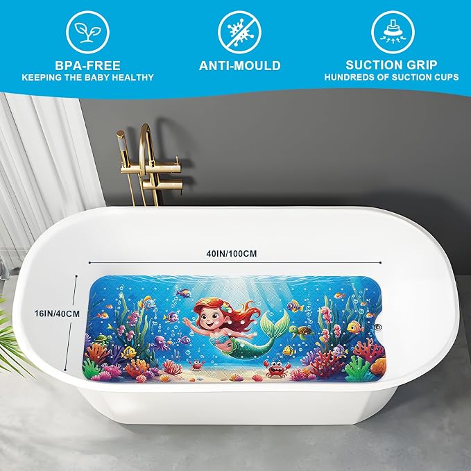 XIYUNTE Baby Bath Mat for Tub Non Slip Kids Bath Mat - 40''x16'' Extra Long Cartoon Turtle Baby Bath Tub Mat Eco-Friendly Toddler Bath Mats with Suction Cups & Drain Holes, Easy to Clean & Easy Drying