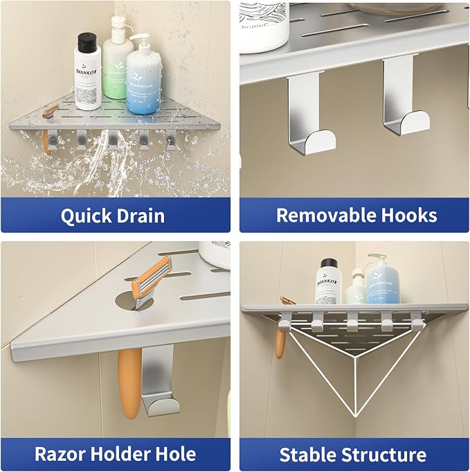 Corner Shower Shelf w/Hooks, Grout in Bathroom Shelves for Tiled Wall, 304 Stainless Steel Recessed Shower Shelf (Brushed, 12''-1pc)