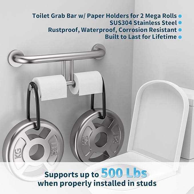 Grab Bar w/Double Toilet Paper Roll Holder Brushed Nickel, iHansee Stainless Steel Shower Support Balanced Support Handle, Wall Mounted Safety Handrail Grab Rail for Elderly Senior Handicap Disabled