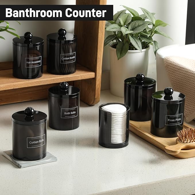 4 Pcs, Acrylic Qtip Holder Dispenser for Cotton Swab, Ball, Round Pads, Floss Picks - Clear Plastic Apothecary Jar Set, Bathroom Canister Decor Storage Accessories, Vanity Makeup Organizer, Black