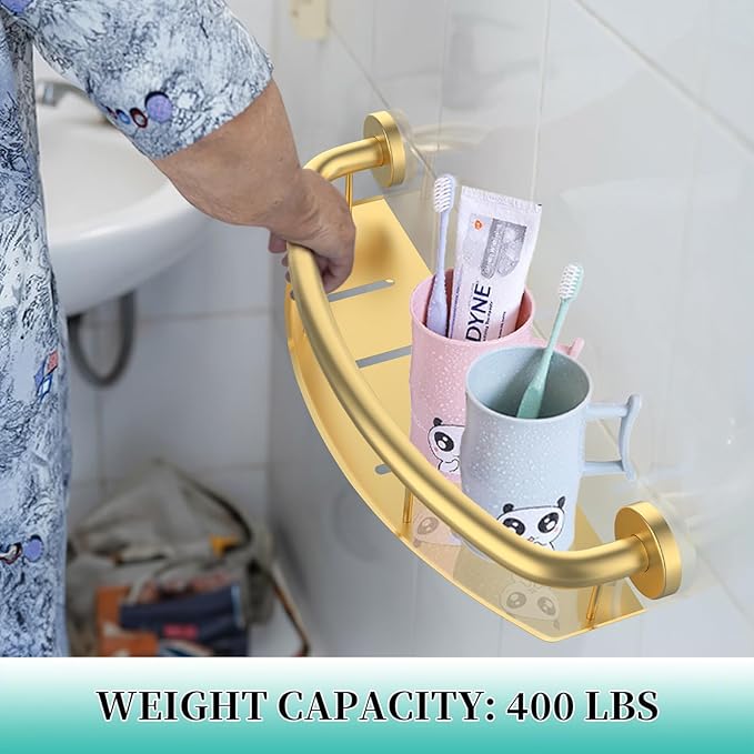 Gold 18-inch Safety Grab Bar with Storage Shelf for Bathtub or Shower, Drainage Holes, Stainless Steel, Wall Mounted Grab Bars for Elderly Injured Balance Support