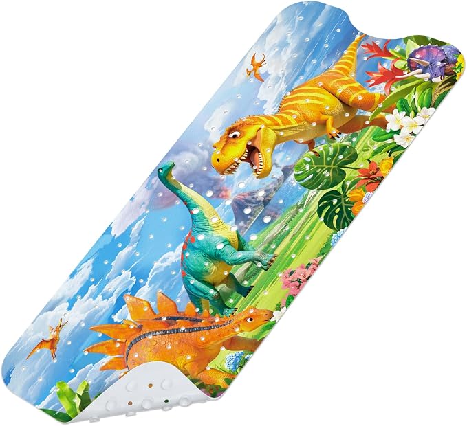Baby Bath Mat for Tub, Non Slip Kids Bath Shower Mat, 40 X 16 Inch Large Bathtub Mat with Drain Holes and Suction Cups for Toddlers, Machine Washable and Waterproof (Dinosaur)