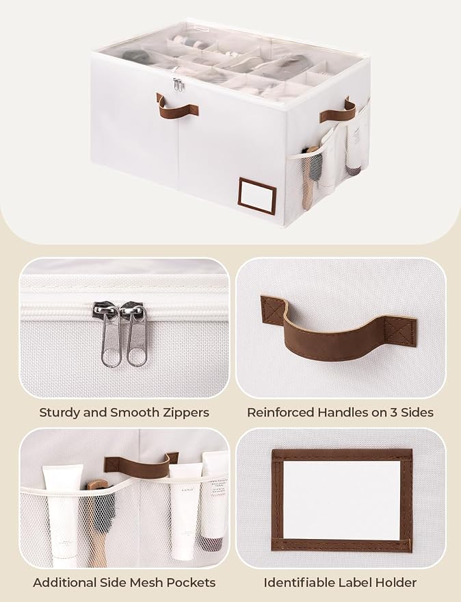 StorageWorks Shoe Organizer for Closet, Shoe Storage with Side Mesh Pocket, Shoe Cubby With Clear Cover, Storage Shoe Containers for Sneakers and Sandals, Fits up to 20 Pairs, Beige